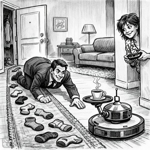 Неожиданное утро: муж ищет кофе у робота-пылесоса. Картинка из нейронной сети Sora Images