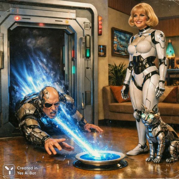 Киборг, андроиды и светящаяся жидкость: футуристический ситком в стиле ретро. Нейросеть Sora Image