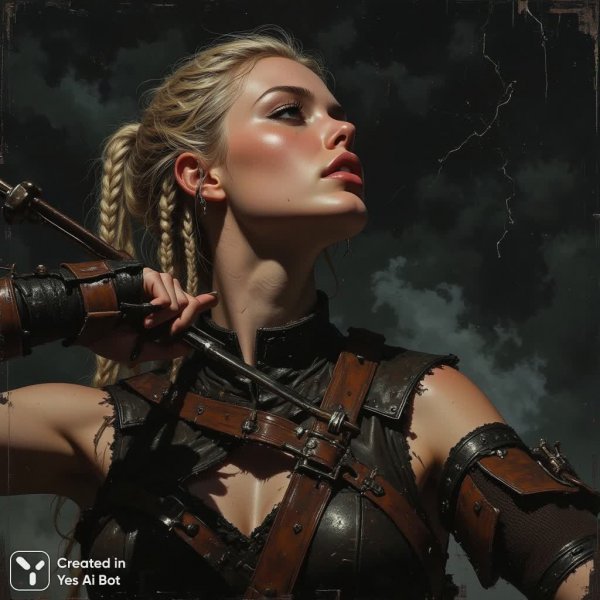 Амазонка в грозе: мрачная красота воина с арбалетом и косами. Картинка из нейронной сети Flux.1