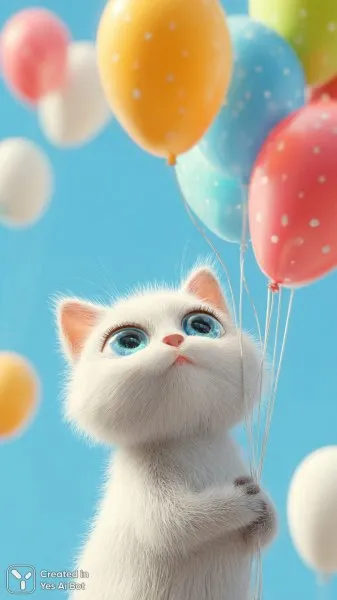 Игривый котенок с воздушным шариком на зеленой лужайке. Картинка из нейронной сети Midjourney