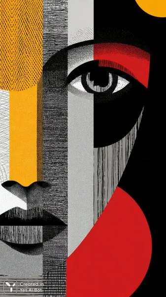Яркий контраст: стилизация лица и геометрические формы в минималистичном дизайне. Генерация из нейросети Midjourney