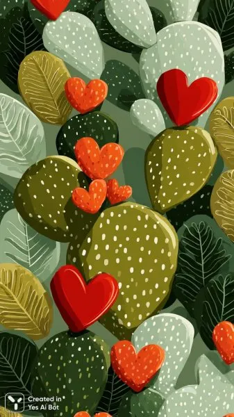 Радостный дизайн с сердцами и кактусом в стиле минимализм. Изображение из нейронной сети Midjourney