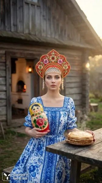 Русская красавица с голубыми глазами и матрешкой в национальном костюме. Картинка из нейросети Nano-Banana