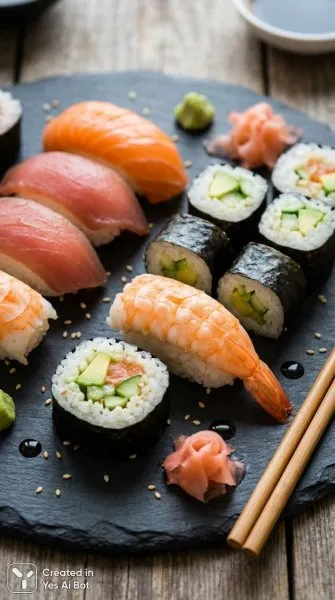 Изысканный японский сет: роллы, нигири и яркие вкусы. Генерация из нейросети Nano Banana