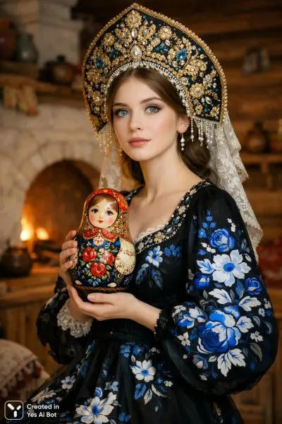 Русская красавица с матрёшкой в руках: традиции и элегантность. Изображение из нейросети Sora Ai Images