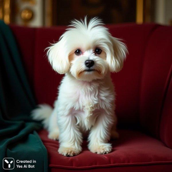 Белоснежная болонка на бархатном диване: элегантный портрет питомца в роскошном интерьере. Генерация из нейросети Flux Ai