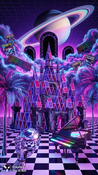 Загадочный замок из картона и мрамора в египетской неоновой вселенной. Генерация из нейронной сети NanoBanana