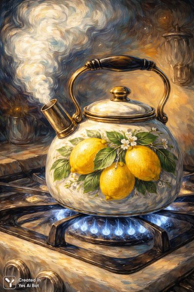 Лимонный чайник в стиле Ван Гога: летнее настроение и яркие краски. Картинка из нейронной сети Sora Image