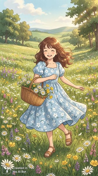 Поле цветов и счастливая девушка с подсолнухами в лучах солнца. Картинка из нейронной сети Nano-Banana