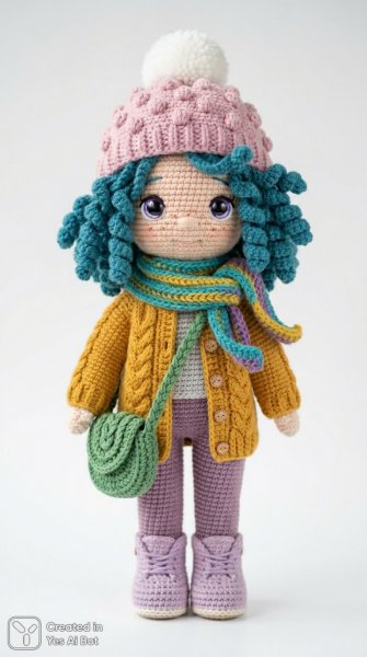 Милашка вязаная кукла с задорными локонами и ярким шарфом. Генерация из нейросети Нано Банана