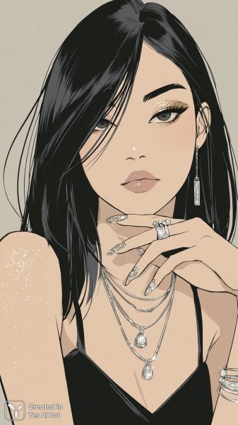 Блестящий образ современной красавицы с ярким макияжем и украшениями. Нейронная сеть Midjourney