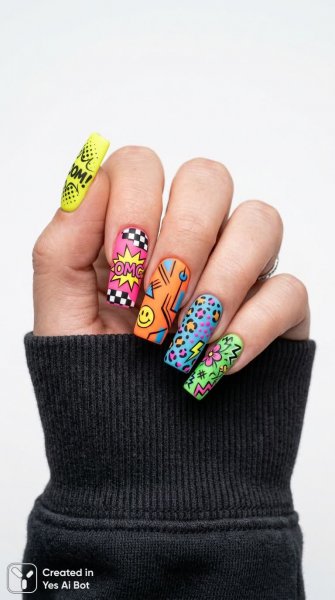 Яркие ногти с необычным дизайном и текстурой в макросъемке. Изображение из нейронной сети Nano Banana