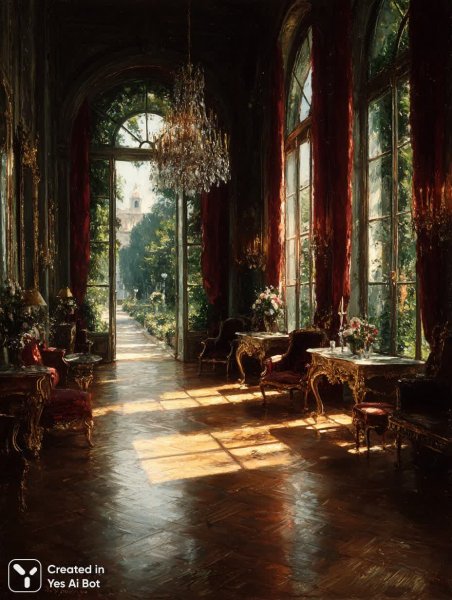 Солнечный свет и роскошь: интерьер в стиле импрессионизма. Картинка из нейронной сети Midjourney