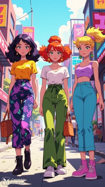 Яркий город и стильные друзья: игривое настроение в мультяшном стиле. Изображение из нейронной сети Flux