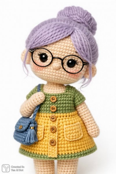 Милая вязаная кукла в нежно-лиловом пучке и ярком наряде с трогательным выражением лица. Нейросеть Sora Images