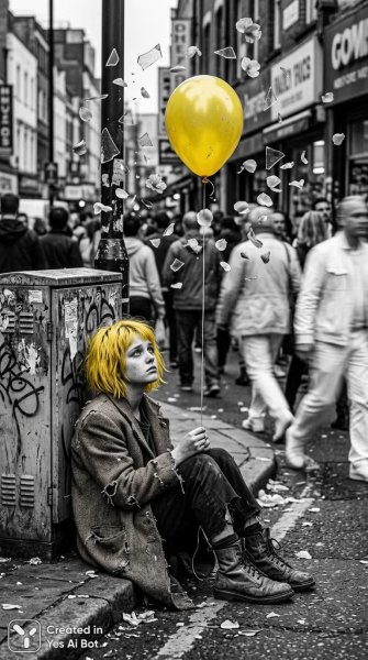 Девушка с желтым шариком в сюрреалистичном черно-белом городе. Нейронная сеть Nano Banana