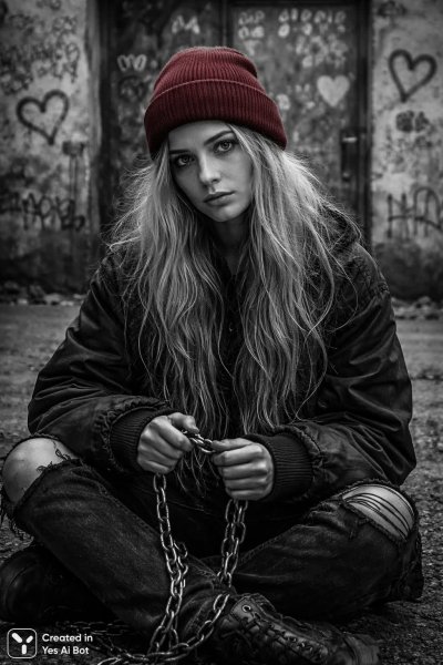 Девушка в чёрном: меланхолия зимнего утра и граффити на стенах двора. Изображение из нейросети Sora images Ai