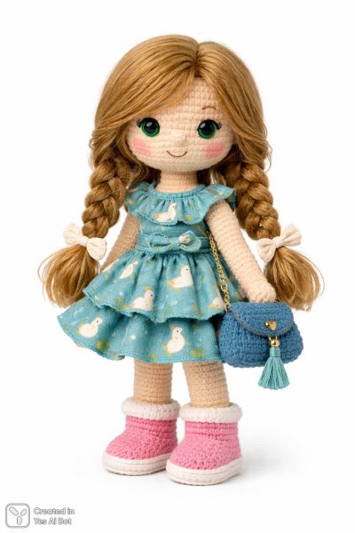 Милая вязаная кукла с золотисто-каштановыми косами и очаровательным образом. Изображение из нейронной сети Sora images Ai