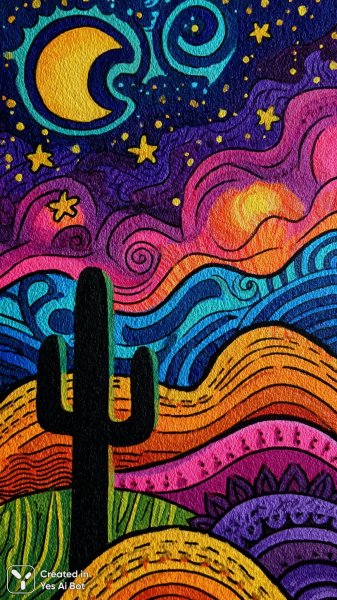 Ночное волшебство как детская зарисовка с ярким небом и кактусом. Генерация из нейронной сети Миджорни