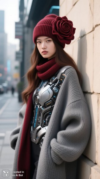 Осенний образ в городском стиле: уют и драматизм на фоне каменной стены. Нейронная сеть QWEN