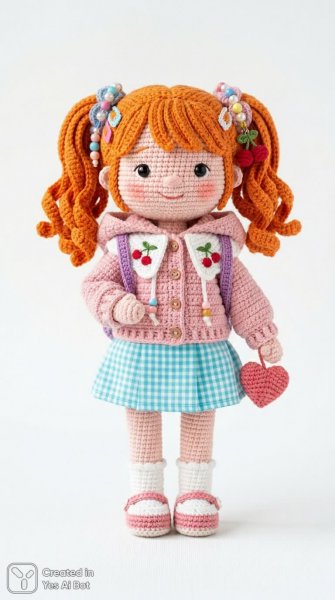 Милая вязаная кукла с оранжевыми хвостиками и розовым худи на белом фоне. Генерация из нейросети Nano Banana