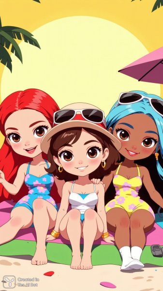 Летнее настроение: очаровательные куклы на пляже в ярких образах. Генерация из нейросети Flux