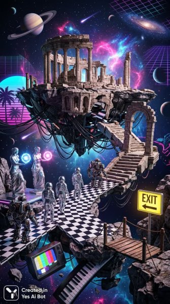 Руины острова в космосе: сюрреалистичный коллаж и футуристическая ностальгия. Картинка из нейросети Nano-Banana