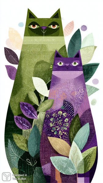 Забавные коты: геометрический зеленый и цветочный фиолетовый в пастельных тонах. Нейронная сеть Midjourney
