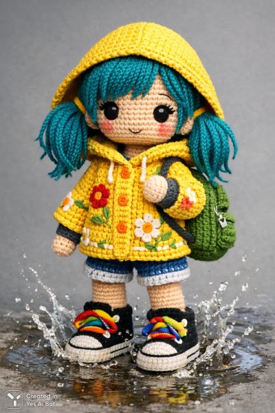 Кукла ручной работы: яркий образ в дождливый день и детали вязаного мира. Генерация из нейронной сети Sora Image