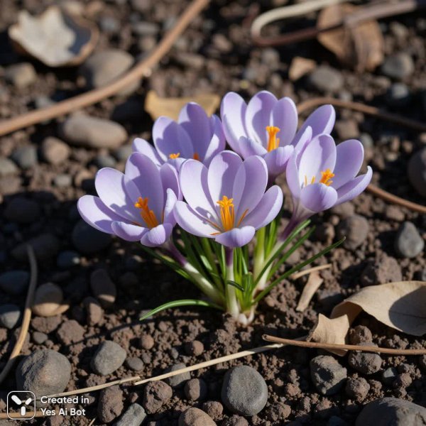 Весеннее пробуждение: нежные лавандовые крокусы в солнечном свете. Генерация из нейронной сети Flux Ai