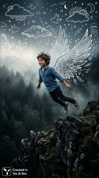 Мальчик над скалой: нежная графика и реализм в утреннем тумане. Генерация из нейронной сети Nano Banana