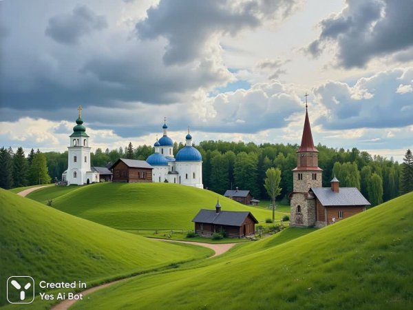 Русская идиллия: церкви, дома и холмы под облачным небом. Генерация из нейросети Flux.1
