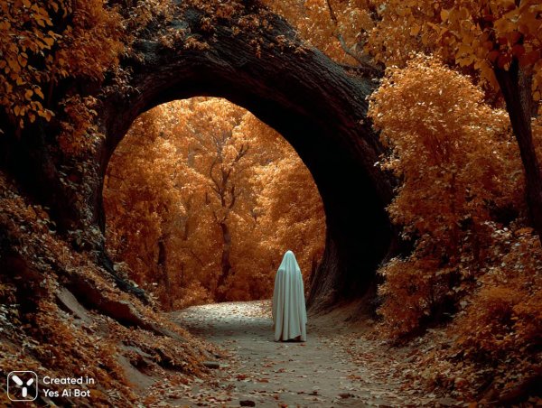 Призрачный силуэт в осеннем лесу: таинственная прогулка по аллее теней и золота. Генерация из нейронной сети Midjourney