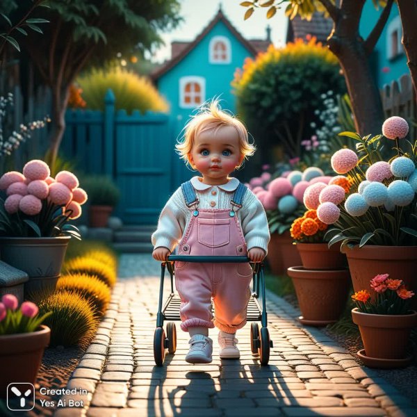 Маленькая мечтательница: кукольная прогулка под весенним солнцем в стиле Евы Фарб. Картинка из нейронной сети Stable Diffusion