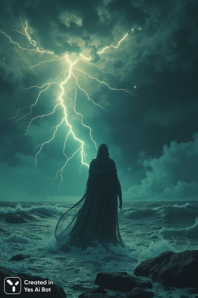 Загадочная колдунья в бушующем океане: акриловый шедевр с научной фотографией. Картинка из нейронной сети Flux.1
