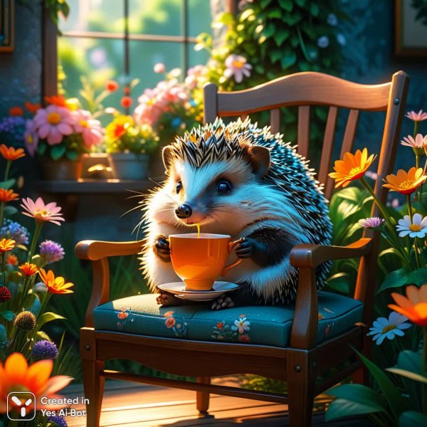 Ежик пьет чай в цветущем саду: очаровательная анимационная сцена в 4K. Генерация из нейросети Stable Diffusion