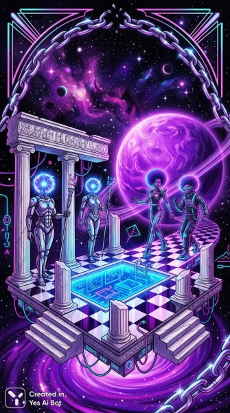 Космическая греция: цифровое путешествие в неоновом ретро-мире. Картинка из нейросети Nano-Banana