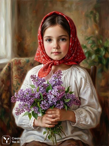 Юная европейка с букетом лиловых цветов: портрет нежности и спокойствия. Нейронная сеть Nano Banana