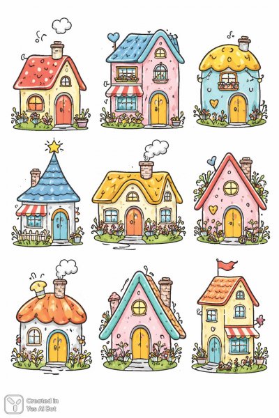 Милые домики в мультяшном стиле с уникальными деталями и простыми формами на белом фоне. Изображение из нейронной сети Sora