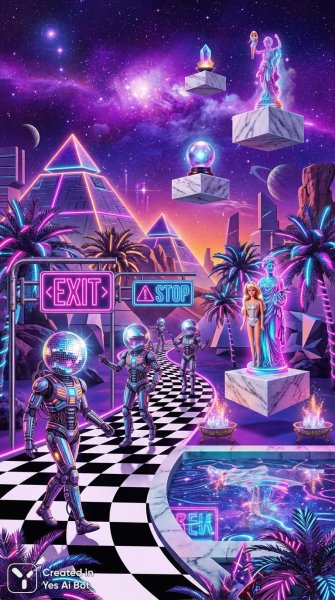 Неоновый ретрофутуризм: цифровой коллаж в стиле поп-сюрреализма и вайб восьмидесятых. Нейронная сеть Нано Банана