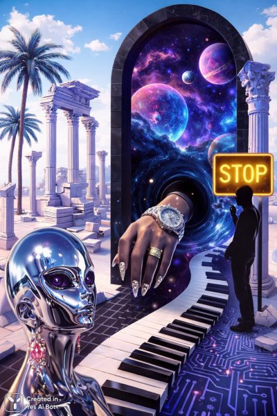 Мечты о прошлом: руины, портал и неоновый закат в стиле ретро. Изображение из нейросети Sora