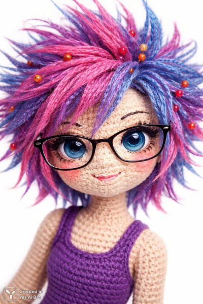 Милая кукла ручной работы: детали и очарование вязаного лица с яркими акцентами. Нейронная сеть Sora Ai Images