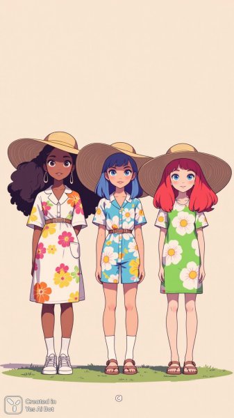 Девушки-трио в цветочных нарядах и ярких прическах: весеннее настроение в мультяшном стиле. Картинка из нейросети Flux.1