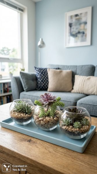 Минималистичный интерьер гостиной с суккулентами и стильной сервировкой. Нейронная сеть Нано Банана