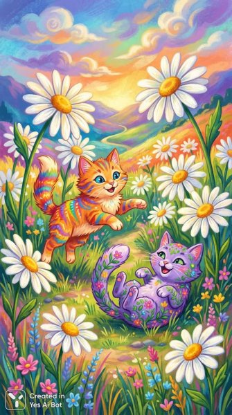 Веселый пир кошек в поле ромашек: яркий и красочный мир детства. Изображение из нейронной сети NanoBanana