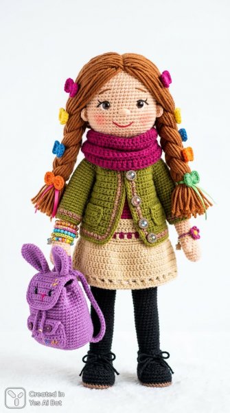 Кукла амигуруми с косичками и яркими акцентами. Нейронная сеть Nano-Banana
