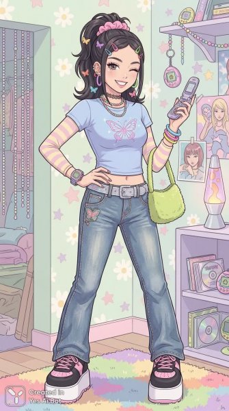 Яркий образ в стиле Y2K: ностальгия по моде двухтысячных и блестящие акценты. Изображение из нейросети Нано Банана