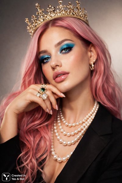 Яркая королева в кожаной куртке: смелый портрет с розовыми волосами и золотом. Генерация из нейросети Sora Ai Images