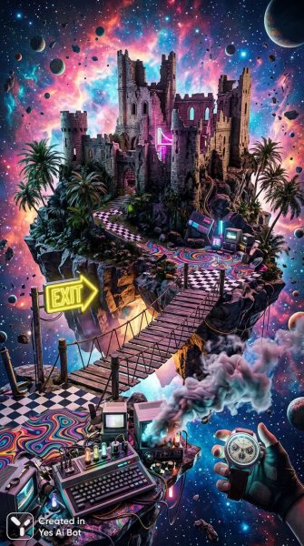 Космический замок: руины, пальмы и неоновое сияние в стиле вапоранк. Генерация из нейронной сети Nano-Banana