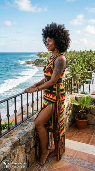 Яркая мода на фоне океана и пальм. Нейронная сеть Nano Banana